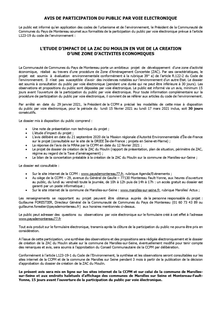 Avis de participation du public pour la ZAC du Moulin à Marolles sur Seine